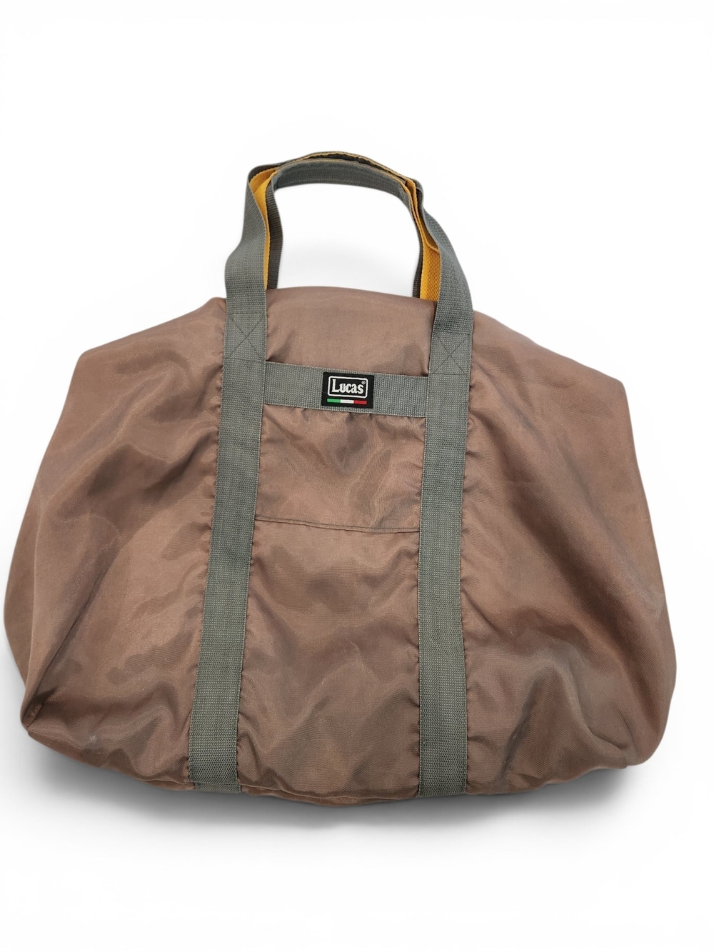 Vintage Lucas Brown Duffel Tote Bag with Gray Straps Yellow Accents